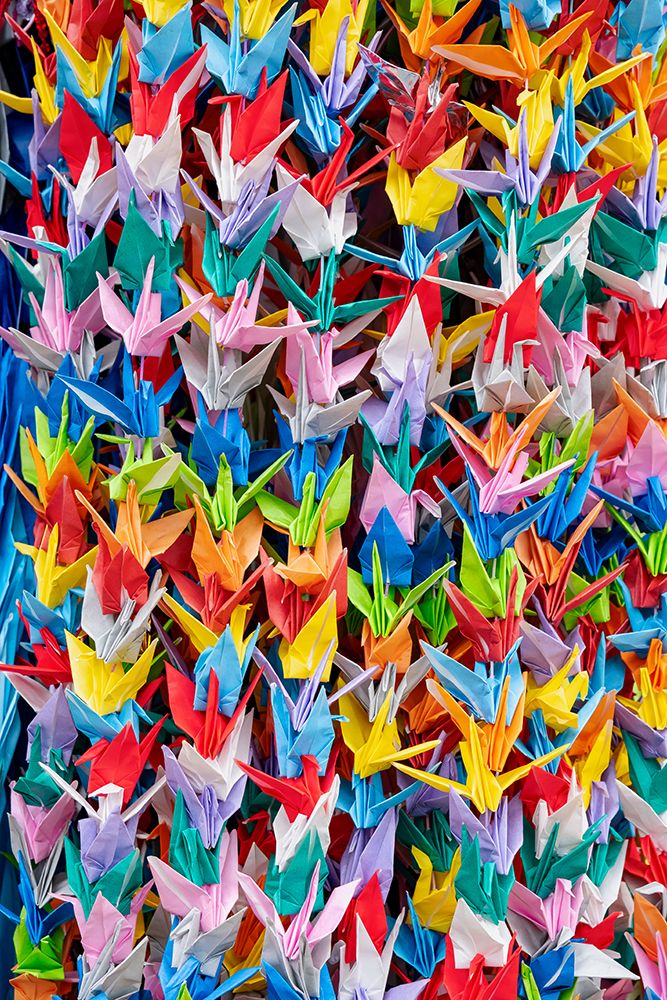 1000 cranes origami created as prayer for peace on display in Peace Memorial Park, Hiroshima, Japan